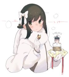  1boy 1girl absurdres admiral_(kancolle) black_hair blush checkerboard_cookie closed_mouth commentary cookie dated eating food fringe_trim fubuki_(kancolle) gloves green_eyes hat highres holding holding_food jacket kantai_collection long_sleeves ma_rukan military military_uniform naval_uniform peaked_cap ponytail scarf short_hair short_ponytail signature simple_background white_background white_day white_gloves white_hat white_jacket white_scarf 