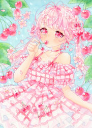  1girl absurdres amu_(m_aa) antenna_hair artist_name bare_shoulders blue_background cherry collarbone cowboy_shot dated dress flower food food_in_mouth fruit highres leaf long_hair looking_at_viewer neck_ribbon original painting_(medium) petals pink_flower pink_hair pink_petals plaid_clothes plaid_dress puffy_short_sleeves puffy_sleeves red_eyes red_ribbon ribbon short_sleeves sidelocks signature simple_background solo traditional_media twintails watercolor_(medium) 