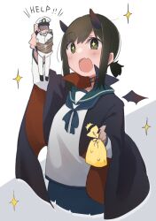 1boy 1girl absurdres admiral_(kancolle) black_cape black_hair black_horns black_wings blue_sailor_collar blue_skirt blush cape commentary demon_horns detached_wings fang fubuki_(kancolle) green_eyes hat highres horns kantai_collection long_sleeves ma_rukan military military_uniform naval_uniform open_mouth pants peaked_cap ponytail rope sailor_collar school_uniform serafuku short_ponytail signature skin_fang skirt smile sparkle two-tone_background white_hat white_pants wings 