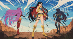  3girls absurdres ass belt black_hair blue_hair blue_sky bodysuit boots colored_inner_hair commentary facial_mark fate/grand_order fate_(series) fingerless_gloves forehead_mark full_body fur-trimmed_gloves fur_trim gloves high_heel_boots high_heels highres holding holding_weapon horns iamc95 ishtar_(fate) katana long_hair looking_at_viewer multicolored_hair multiple_girls navel parted_bangs red_bodysuit red_eyes red_hair ribbon saber_wars_ii shadow sheath short_shorts shorts sky space_ishtar_(fate) space_ishtar_(first_ascension)_(fate) space_ishtar_(second_ascension)_(fate) space_ishtar_(third_ascension)_(fate) sword two-tone_hair two_side_up very_long_hair vest weapon yellow_gloves yellow_shorts 