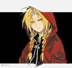  1boy anger_vein black_background black_jacket blonde_hair braid coat edward_elric fullmetal_alchemist highres hood hooded_coat jacket long_hair male_focus red_coat solo sweatdrop teeth twin_braids twitter_username upper_body v-shaped_eyebrows xue_ezi yellow_eyes 