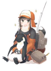  1girl absurdres alternate_costume animal bird black_gloves black_hair blush clothes_writing coat commentary_request fingerless_gloves fubuki_(kancolle) gloves green_eyes hat highres kantai_collection long_sleeves looking_at_viewer ma_rukan open_mouth orange_hat penguin sidelocks simple_background sitting sparkle white_background 