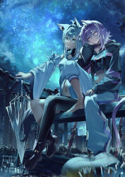  2girls absurdres after_rain ahoge amesui animal_collar animal_ears aqua_eyes asymmetrical_pants baggy_pants barefoot black_boots black_collar black_hoodie black_shorts black_thighhighs boots braid cat_ears cat_girl cat_tail collar commentary_request cropped_hoodie crossed_bangs detached_sleeves double-parted_bangs drawstring fox_ears fox_girl fox_tail front_slit hair_between_eyes hand_on_own_face highres holding holding_umbrella hololive hood hooded_vest hoodie knee_up long_hair long_sleeves looking_at_viewer messy_hair midriff multiple_girls navel nekomata_okayu nekomata_okayu_(1st_costume) night outdoors pants parted_lips purple_hair shirakami_fubuki shirakami_fubuki_(1st_costume) shoes short_shorts shorts side_braid single_thighhigh sitting sky snake sneakers star_(sky) starry_sky sweatpants tail thigh-highs transparent transparent_umbrella umbrella unworn_shoes vest violet_eyes virtual_youtuber white_hair white_pants white_sleeves wide_sleeves yellow_shoes 