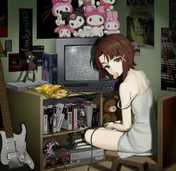  1girl absurdly_detailed_composition absurdres bass_guitar blighted_blessings brown_hair cable cameo cameo_request chair chips_(food) commentary computer computer_keyboard controller copyright_request crisis_beat crt electric_guitar figure final_fantasy final_fantasy_vii food food_in_mouth game_console game_controller guitar hair_ornament highres holding indoors instrument iwakura_lain kooh_(pangya) kuromi loaded_interior looking_at_viewer metallica mika_030 monitor mouth_hold my_melody my_melody_(series) nakahara_komugi need_for_speed noroi-chan_(blighted_blessings) nurse_witch_komugi-chan otaku pangya playing_games playstation_1 poster_(object) potato_chips pulp_fiction red_hair resident_evil sanrio serial_experiments_lain sex_pistols short_hair sitting solo strap_slip stuffed_animal stuffed_toy teddy_bear television tokimeki_memorial videocassette videocassette_recorder wooden_floor x_hair_ornament 