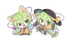  1girl absurdres animal_ears black_hat black_skirt chibi chibi_only dual_persona eye_(chick1116) flower full_body hair_between_eyes hair_flower hair_ornament hat highres komeiji_koishi looking_at_viewer open_mouth pink_flower simple_background sitting skirt smile tail third_eye touhou white_background wide_sleeves 