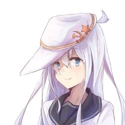  1girl ahoge black_sailor_collar blue_eyes blush commentary_request double-parted_bangs flat_cap hair_between_eyes hammer_and_sickle hat hat_pin hibiki_(kancolle) kantai_collection kuuru_(kuuru-n) long_hair long_sidelocks looking_at_viewer portrait sailor_collar shirt sidelocks simple_background smile solo star_pin verniy_(kancolle) white_background white_hair white_hat white_shirt 