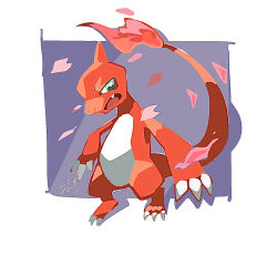  border charmeleon claws commentary_request fang fire flame-tipped_tail full_body highres kyouka-0428 looking_at_viewer no_humans nostrils open_mouth petals pokemon pokemon_(creature) signature solo tail white_border 