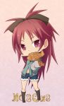  boots bow chibi denim denim_shorts fang food hair_bow knee_boots long_hair madoka_runes mahou_shoujo_madoka_magica mouth_hold mowahu navel ponytail red_eyes red_hair redhead sakura_kyouko shorts solo taiyaki wagashi 