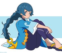  1girl aged_up artist_name blue_eyes blue_hair bodysuit bright_pupils diving_suit full_body highres hugging_own_legs knees_up lana_(pokemon) lanaposting long_hair looking_at_viewer no_sclera pokemon pokemon_sun_and_moon simple_background sitting solo swimsuit swimsuit_under_clothes very_long_hair wave_print wetsuit white_pupils 