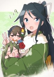  3girls absurdres black_hair blue_eyes blush brown_eyes brown_hair closed_eyes commentary_request dated green_hair green_kimono hair_ribbon highres japanese_clothes kaga_(kancolle) kantai_collection katsuragi_(kancolle) kimono long_hair long_sleeves looking_at_viewer ma_rukan multiple_girls open_mouth ponytail ribbon signature smile twintails v white_ribbon wide_sleeves zuikaku_(kancolle) 