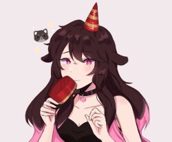  1girl animal_ears bare_shoulders blush brown_hair catofsweet commentary english_commentary fang grey_background hat heart heart-shaped_pupils highres holding holding_unworn_clothes holding_unworn_hat indie_virtual_youtuber kepi long_hair looking_at_viewer military_hat minecraft_youtube multicolored_hair party_hat pink_eyes pink_hair simple_background skin_fang solo swept_bangs symbol-shaped_pupils unworn_hat unworn_headwear upper_body vgumiho virtual_youtuber 