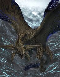  absurdres blue_scales claws commentary_request dragon electricity flying gold_scales highres horns monster monster_focus monster_hunter_(series) monster_hunter_wilds no_humans nutuki open_mouth red_eyes rey_dau scales sharp_teeth spiked_tail spiked_wings tail teeth wings wyvern 