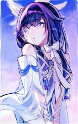  1girl absurdres bare_shoulders believer_tamago black_hair bow bowtie columbina_(genshin_impact) commentary_request dress eye_mask genshin_impact hair_ornament head_wings highres long_hair mask multicolored_hair multiple_wings purple_hair purple_streaks ribbon sitting solo streaked_hair two-tone_hair upper_body very_long_hair violet_eyes white_bow white_dress white_wings wing_hair_ornament wings x-shaped_eyewear 