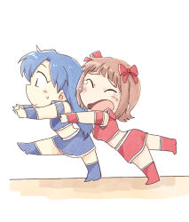  2girls amami_haruka blue_hair blue_skirt bow brown_hair chibi chibi_only closed_mouth crying from_side full_body grabbing_from_behind hair_bow idolmaster idolmaster_(classic) kisaragi_chihaya long_hair miniskirt multiple_girls multiple_hair_bows open_mouth red_bow red_skirt short_hair skirt standing tears tsubobot 