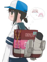 1girl anchor baseball_cap blue_hat bridge commentary_request food fubuki_(kancolle) green_eyes hat highres kamaboko kantai_collection long_sleeves looking_to_the_side low_ponytail ma_rukan ponytail rigging school_uniform serafuku shipping_container short_hair thinking 
