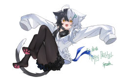  1girl absurdres ahoge animal_ear_fluff animal_ears bare_shoulders black_hair black_pantyhose black_skirt blue_ribbon cat_ears cat_girl cat_tail chinese_commentary commentary_request frilled_skirt frills hair_ornament hairclip highres leotard lingxing_spooradic multicolored_hair original pantyhose paw_print pawpads ribbon simple_background skirt sleeves_past_wrists smile soles solo split-color_hair tail turtleneck turtleneck_leotard white_background white_hair yellow_eyes 
