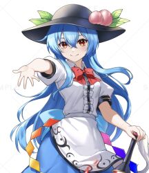  1girl apron back_bow black_hat blue_bow blue_hair bow bowtie center_frills closed_mouth commentary_request cropped frills fruit_hat_ornament hat hat_ornament highres hinanawi_tenshi holding holding_sword holding_weapon leaf_hat_ornament long_hair looking_at_viewer peach_hat_ornament puffy_short_sleeves puffy_sleeves rainbow_order red_bow red_bowtie red_eyes sample_watermark short_sleeves skirt solo sword sword_of_hisou touhou very_long_hair waist_apron watermark weapon white_apron white_background yoshinatsu 