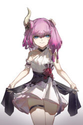  1girl absurdres aura_(sousou_no_frieren) braid breasts commentary_request demon_girl demon_horns dress feijiu highres horn_ornament horn_ribbon horns purple_hair ribbon simple_background single-shoulder_dress sousou_no_frieren tears thigh_strap white_background white_dress 