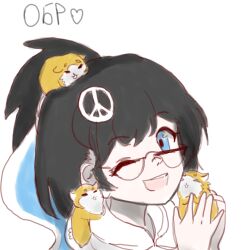  1girl animal animal_on_head animal_on_shoulder black_hair blue_eyes flag_ribbon glasses hair_ornament hamster high_ponytail highres holding holding_animal lera_(sighttobehold) looking_at_viewer on_head one_eye_closed original ponytail russian_anti-war_flag russo-ukrainian_war sighttobehold simple_background smile solo sweater white_background white_sweater 
