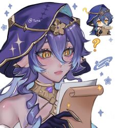  1girl ? artist_name black_gloves blue_hair english_commentary genshin_impact gloves hair_behind_ear hair_between_eyes holding holding_paper hoyolab_sticker_redraw layla_(genshin_impact) looking_down orange_eyes paper pointy_ears portrait reference_inset simple_background solo star_(symbol) tuna.biodegradable veil white_background 