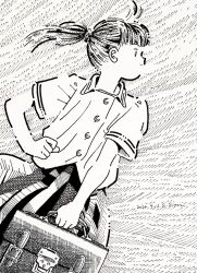  1girl artist_name briefcase closed_mouth collared_shirt commentary_request cowboy_shot crosshatching dated greyscale hatching_(texture) holding holding_briefcase linear_hatching looking_to_the_side monochrome original pleated_skirt ponytail school_briefcase school_uniform shirt short_hair short_sleeves skirt smile solo traditional_media turning_head zpihr6jprso2r2l 