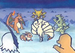  absol alakazam animal_focus brown_fur charizard charmander eevee fang fire flame-tipped_tail fluffy fox full_body highres horns looking_at_another mane metikyun multiple_tails neck_fur ninetales no_humans open_mouth outdoors pokemon pokemon_(creature) pokemon_focus pokemon_mystery_dungeon pokemon_mystery_dungeon:_red/blue_rescue_team red_eyes simple_background single_horn surprised tail tyranitar white_fur yellow_fur 