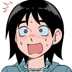  1girl black_hair blue_shirt blush borrego_tan collared_shirt looking_at_viewer open_mouth original portrait shirt short_hair simple_background solo surprised sweat white_background 