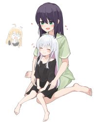  3girls age_difference ahoge barefoot beamed_eighth_notes black_hair black_shirt blonde_hair cho_kaguya-hime! closed_eyes collarbone commentary_request cropped_shoulders eighth_note green_eyes green_pajamas grey_hair heart highres kaguya_(cho_kaguya-hime!) long_hair long_shirt mole mole_under_eye multiple_girls musical_note o_o open_mouth pajamas pink_hair runami_yachiyo sakayori_iroha shirt short_sleeves sitting sitting_on_lap sitting_on_person small_sweatdrop smile sonoko_neko white_background 