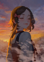  1girl blush bow braid brown_hair chinese_commentary closed_eyes closed_mouth clouds cloudy_sky commentary_request crying dawn from_behind hair_bow hair_ornament highres iamc95 long_sleeves makishima_haru outdoors overalls raging_loop red_bow red_scarf scarf shirt short_hair sky smile smoke solo tears upper_body white_shirt 