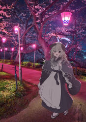  1girl absurdres animal_ears apron black_kimono blue_archive brown_eyes cherry_blossoms commentary_request dog_ears fang frilled_apron frills grey_hair highres japanese_clothes kimono lantern maid_headdress meru1178 night open_mouth outdoors paper_lantern park photo_background pointing print_kimono sandals skin_fang smile socks solo tabi umika_(blue_archive) white_apron white_socks zouri 