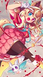  1girl absurdres animal_ears arm_up arrow_(projectile) black_pantyhose blonde_hair blue_eyes boots breasts brown_hair brown_tail calsch_(31lkyway) commission creature dress flower from_behind gloves grey_background hair_flower hair_ornament heterochromia highres holding holding_arrow leaning_forward long_hair looking_back medium_breasts multicolored_hair open_mouth original outline pantyhose pink_dress pink_eyes second-party_source short_sleeves skeb_commission solo standing standing_on_one_leg tail two-tone_hair v white_gloves white_outline yellow_boots 