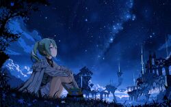  1girl absurdres armored_boots axion0912 black_shirt blue_eyes boots brooch chico_(yuzuha_riko) closed_mouth clouds commentary_request floating_island gauntlets gem gloves grass green_gem green_hair highres jacket jewelry korean_commentary looking_up neck_ribbon night outdoors pleated_skirt ribbon shirt single_gauntlet single_glove sitting skirt sky sleeping star_(sky) starry_sky stellive tree twintails virtual_youtuber white_gloves white_jacket white_ribbon white_skirt yuzuha_riko 