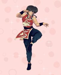  1girl black_pants black_shoes black_wrist_cuffs blue_eyes braid english_commentary eyeshadow full_body genderswap genderswap_(mtf) grin highres leg_up makeup muscular muscular_female pants pink_background plushkaiju ranma_1/2 red_eyeshadow red_nails saotome_ranma shoes single_braid smile solo wrist_cuffs 