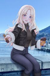  1girl absurdres artist_name black_boots black_jacket blonde_hair blue_eyes blue_pants blush boots brown_sweater chain chain_necklace commentary_request cropped_legs cup day denim disposable_cup disposable_ice_cream_cup disposable_spoon food fur-trimmed_jacket fur-trimmed_sleeves fur_trim gakuen_idolmaster harbor highres holding holding_spoon ice_cream ice_cream_spoon idolmaster incoming_food jacket jeans jewelry juo_sena knee_boots leather leather_jacket long_hair looking_at_viewer mountain multicolored_hair necklace open_clothes open_jacket open_mouth outdoors pants parted_bangs pendant photo_background pink_nails pink_streaks sitting smile solo spoon streaked_hair sulgi_park sweater teeth turtleneck turtleneck_sweater upper_teeth_only water wooden_spoon 