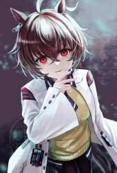  1girl agnes_tachyon_(tach-nology)_(umamusume) agnes_tachyon_(umamusume) ahoge animal_ears black_necktie black_pantyhose breasts brown_hair changmakura chemical_structure coat cork earrings hair_between_eyes highres horse_ears horse_girl horse_tail jewelry lab_coat long_sleeves medium_breasts medium_hair necktie pantyhose parted_lips red_eyes shirt short_necktie single_earring smile solo sweater sweater_vest tail test_tube umamusume white_coat wolf_cut yellow_sweater yellow_sweater_vest 