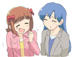  2girls amami_haruka blue_hair bow breast_pocket brown_hair closed_eyes collared_jacket commentary_request cropped_torso grey_jacket hair_bow hand_up idolmaster idolmaster_(classic) jacket kisaragi_chihaya lapels long_hair multiple_girls multiple_hair_bows notched_lapels open_mouth pink_jacket pocket red_bow short_hair side-by-side simple_background sweatdrop tsubobot upper_body white_background 