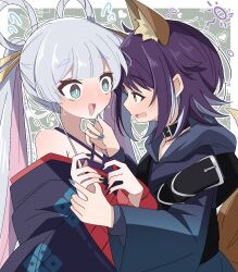  2girls animal_ears black_choker black_nails blue_eyes blue_hoodie blue_nails blush cho_kaguya-hime! choker colored_inner_hair commentary_request fox_ears fox_girl fox_tail hair_ornament hair_rings hair_stick hand_on_another's_chin highres hood hoodie long_hair long_sleeves multicolored_hair multiple_girls nail_polish off_shoulder pink_hair runami_yachiyo sakayori_iroha sasanoha_(sasanoha0712) sweatdrop tail twintails white_hair yuri 