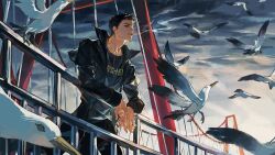  1boy adam's_apple against_railing animal animification bird black_coat black_eyes black_hair black_pants black_shirt bridge bright_pupils cigarette clenched_teeth clothes_writing coat collarbone collared_coat commentary commission cowboy_shot english_commentary eric_harris from_below golden_gate_bridge grey_sky hair_behind_ear happy_birthday highres iruohc long_sleeves looking_at_viewer male_focus mouth_hold open_clothes open_coat outdoors own_hands_together pants profile railing real_life seagull shirt short_hair sidelighting sideways_glance sky smoke smoking solo standing teeth thick_eyebrows trench_coat true_crime very_short_hair white_pupils 