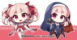  1girl :d akaneya black_shoes black_thighhighs blue_dress blue_veil blunt_bangs blush_stickers bow character_request chibi chibi_only closed_mouth commentary_request commission copyright_request dress full_body hair_bow hakama hakama_short_skirt hakama_skirt holding holding_tray japanese_clothes kimono long_sleeves looking_at_viewer mecha multiple_views open_mouth outline pink_background pink_hair red_bow ribbon-trimmed_sleeves ribbon-trimmed_thighhighs ribbon_trim robot shoes short_hair skeb_commission skirt smile standing thick_eyebrows thigh-highs tray twintails twitter_username two-tone_background veil waist_bow web_address white_background white_kimono white_outline white_thighhighs wide_sleeves 