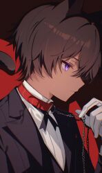  1boy animal_ears belt_collar black_jacket brown_hair cat_boy cat_ears cat_tail chain chain_leash closed_mouth collar commentary dark-skinned_male dark_skin dress_shirt english_commentary from_side gloves hand_up highres holding holding_chain jacket lapels leash long_sleeves looking_ahead male_focus original red_collar rocksnotrock scar scar_across_eye scar_on_face shirt short_hair solo suit_jacket tail upper_body violet_eyes white_gloves white_shirt 