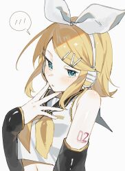  1girl arm_warmers blonde_hair blue_eyes bow breasts commentary hair_ornament hairclip headphones highres kagamine_rin looking_at_viewer neckerchief nikodayo number_tattoo open_mouth parallel_hairclips shirt short_hair simple_background small_breasts speech_bubble tattoo untranslatable_commentary vocaloid white_background white_bow white_shirt yellow_neckerchief yellow_trim 