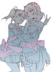  2girls ;d \m/ absurdres bare_shoulders bokutachi_wa_hitotsu_no_hikari closed_mouth commentary_request cowboy_shot dress flower frilled_dress frills hair_flower hair_ornament hair_ribbon highres inazuma_(elect_line) light_smile love_live! love_live!_school_idol_project love_live!_the_school_idol_movie medium_hair multiple_girls nishikino_maki one_eye_closed open_mouth partially_colored red_eyes ribbon short_dress simple_background smile standing twintails violet_eyes white_background yazawa_nico 