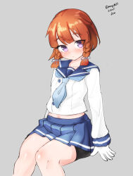  1girl absurdres bike_shorts black_shorts blonde_hair blue_neckerchief blue_sailor_collar blue_skirt bob_cut braid commentary_request cowboy_shot etorofu_(kancolle) gloves gradient_hair grey_background hat highres invisible_chair kantai_collection long_sleeves maru_(marg0613) multicolored_hair neckerchief one-hour_drawing_challenge pleated_skirt red_hair sailor_collar sailor_hat school_uniform serafuku shorts shorts_under_skirt side_braid simple_background sitting skirt solo thick_eyebrows twin_braids violet_eyes white_gloves white_hat 