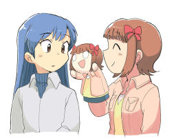  2girls ^_^ amami_haruka blue_hair brown_eyes brown_hair character_puppet closed_eyes closed_mouth collared_jacket collared_shirt commentary_request cropped_torso hand_puppet idolmaster idolmaster_(classic) idolmaster_1 jacket kisaragi_chihaya long_hair long_sleeves multiple_girls open_clothes open_jacket pink_jacket puppet shirt short_hair simple_background smile tsubobot white_background white_shirt 