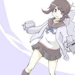  1girl akara_kai anchor_symbol black_sailor_collar black_skirt black_socks blue_neckerchief brown_eyes brown_hair cardigan collarbone commentary_request feet_out_of_frame fubuki_(kancolle) fubuki_kai_ni_(kancolle) hair_between_eyes highres holding holding_turret kantai_collection kneehighs long_sleeves looking_at_viewer low_ponytail mast miniskirt neckerchief pleated_skirt ponytail purple_background purple_cardigan rigging sailor_collar ship_turret shirt sidelocks skirt smile smokestack socks solo two-tone_background white_background white_shirt wind 