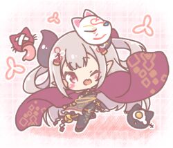  1girl ;d black_dress black_pantyhose chibi china_dress chinese_clothes colored_shadow commentary_request dress fang fox_mask fried_egg grey_hair head_tilt highres horns long_hair long_sleeves looking_at_viewer mask mask_on_head mitarashi_neko naraka_(1st_costume)_(nijisanji) naraka_(nijisanji) nijisanji one_eye_closed pantyhose pelvic_curtain pointy_ears shadow smile solo very_long_hair violet_eyes virtual_youtuber wide_sleeves 