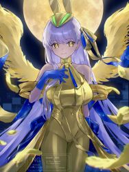  1girl bb_(fate) blue_gloves breasts covered_navel fate/grand_order fate_(series) feathers full_moon gloves golden_bb_(fate) golden_wings hand_on_own_chest highres large_breasts long_hair moon night purple_hair smile suwa_(swk_kkk) very_long_hair yellow_eyes 