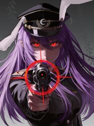  1girl absurdres aiming aiming_at_viewer animal_ears breasts closed_mouth commentary_request expressionless facing_viewer gun hat highres holding holding_gun holding_weapon large_breasts long_hair military_hat military_uniform original purple_hair rabbit rabbit_ears red_eyes reisen_udongein_inaba simple_background standing straight-on touhou user_dkrh2538 weapon 