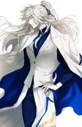  1boy absurdres black_choker black_pants black_shirt blue_ribbon choker coat commentary hair_over_one_eye hair_ribbon high_ponytail highres honkai:_star_rail honkai_(series) jacket jacket_on_shoulders jing_yuan jing_yuan_(chapanda) long_hair long_sleeves looking_to_the_side male_focus mole mole_under_eye official_alternate_costume pants ponytail ribbon shirt simple_background solo susu_shipp tassel untranslatable_commentary vest white_background white_hair white_jacket white_vest yellow_eyes 