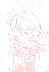  1girl blush bon_bon_eee closed_eyes detached_sleeves facing_viewer falling_petals flower hair_ornament hairclip headset highres holding holding_flower kagamine_rin medium_hair monochrome own_hands_together parallel_hairclips petals sailor_collar sidelocks simple_background smelling solo upper_body vocaloid white_background wind 